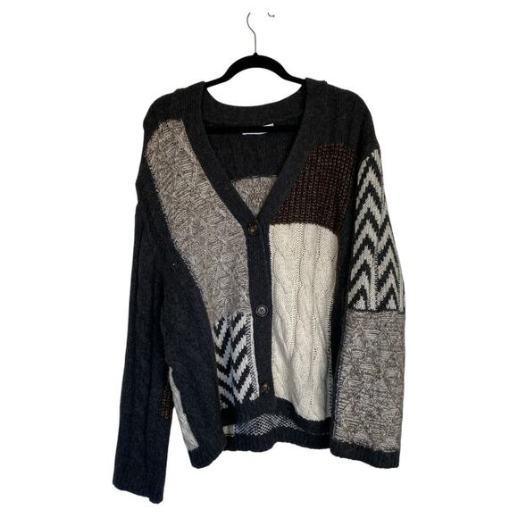 ZARA Patchwork Cable Knit Cardigan Neutral Chevron Size Large Blogger Favorite - Picture 2 of 8